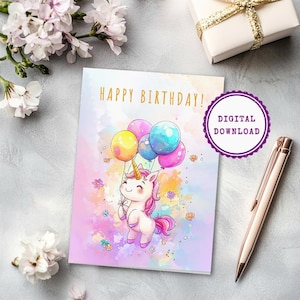 carte d'anniversaire licorne | Carte d'anniversaire à imprimer pour fille | Carte pliable 5 x 7 pouces | Téléchargement instantané