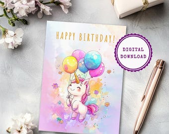 Tarjeta de cumpleaños de unicornio en acuarela: Globos pastel (Descarga digital)
