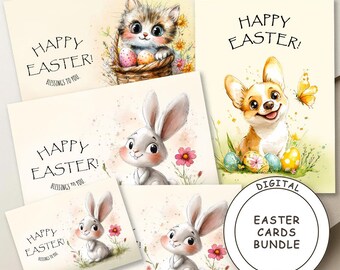 Tarjetas de Pascua con diseños de conejo, gato y perro, 13 x 18 cm (descarga digital)