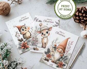 Tarjetas navideñas de gnomo, ciervo y búho / 10 x 15 cm y 13 x 18 cm / Plegables e imprimibles (descarga digital)