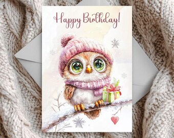 Tarjeta de felicitación de cumpleaños de invierno plegable con diseño de búho imprimible, 5 x 7 y 4 x 6 pulgadas, tamaño A4 y carta de EE. UU.