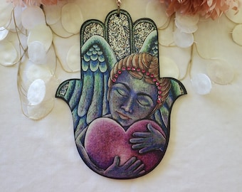 EMBRACE Hamsa-Hand of God-Wedding Gift-Valentine-Hamsa-Good Fortune-Khamsa-Jeweled Hamsa-Decorative Wall Hamsa-Hamsa Wall Art-Hand of Fatima
