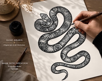 Handgetekende slangenmandala giclée print, heilige geometrie kunst (fysieke print)