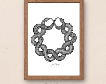 Ouroboros Dubbele Slang Inkttekening, Esoterische Occulte Poster (Digitale Download)