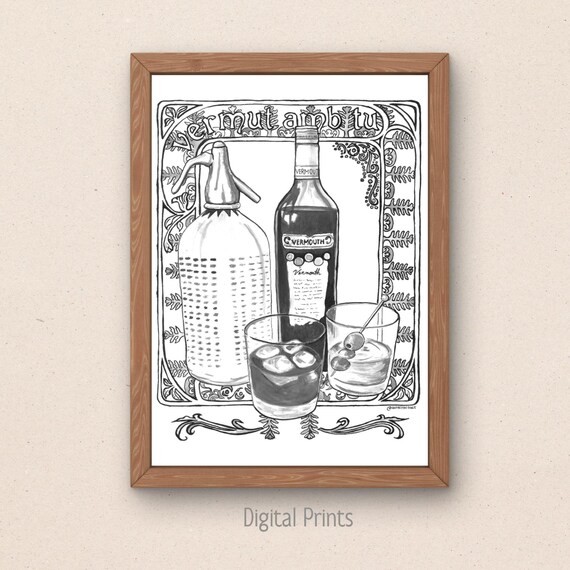Barcelona Vermouth Art Print, Vintage Kitchen Decor, Spanish Aperitif Ink Illustration (Digital Download)