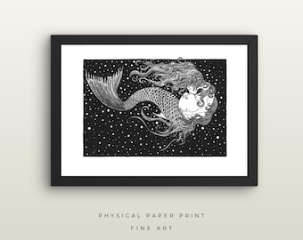 Zwangere zeemeermin inkttekening, mythologische Fine Art Print moederschap, gearchiveerde giclée