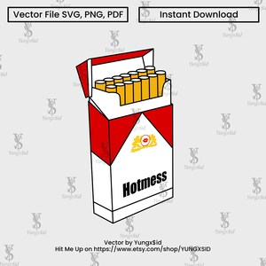 以下が含まれることがあります： 前面に「Hotmess」と印刷された白と赤のタバコのパッケージ。パッケージが開いており、タバコが1列に並んでいます。