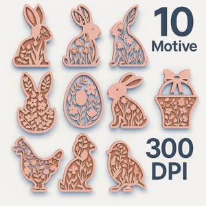 Lot SVG de Pâques – 10 motifs de décoration de Pâques en couches | Fichiers de découpe laser et de traceur 3D