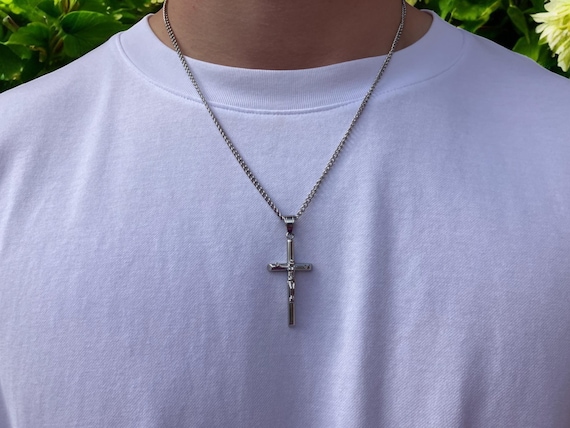 Silver Crucifix Pendant Necklace - Stainless Steel Chain, Y2K Grunge