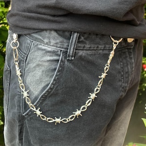 Cadena de alambre de púas para cinturón - Cadena de alambre de púas con espinas para la cintura - Cadena gótica gruesa para jeans - Ropa de calle - Cadena de acero inoxidable - Y2K - Grunge - Unisex