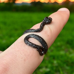 Könnte beinhalten: Ein schwarzer Schlangenring mit strukturierter Oberfläche. Die Schlange ist um einen Finger gewickelt.