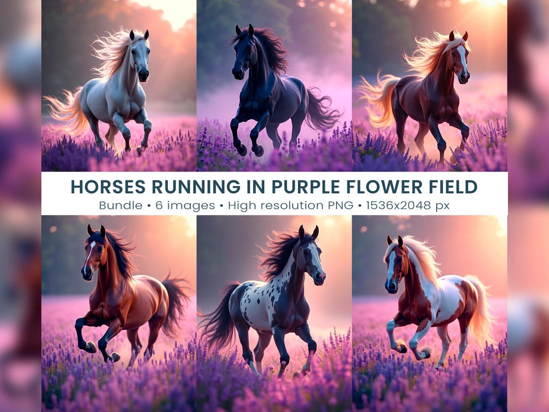 Images Bundle • Horses Running in Purple Flower Field • High Resolution ...