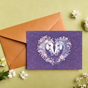 Carte "Coeur 2 têtes de chevaux" / carte saint valentin équestre, equine valentine's day card, carte romantique cheval, carte mariage cheval
