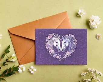 Carte "Coeur 2 têtes de chevaux" / carte saint valentin équestre, equine valentine's day card, carte romantique cheval, carte mariage cheval