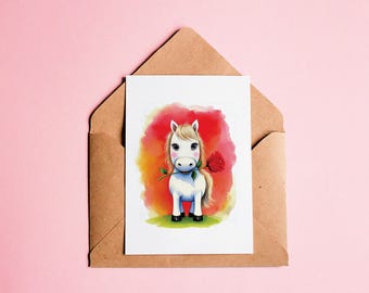 Carte "Poney blanc offre une rose" / carte saint valentin, carte amour cheval, cadeau poney, carte mariage cheval, valentine's day pony