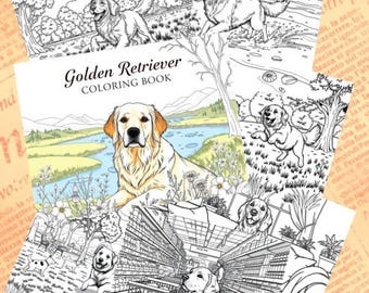 May include: A black and white colouring book featuring illustrations of Golden Retrievers in various settings. The cover of the book has the title "Golden Retriever Colouring Book".