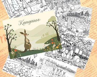 May include: Black and white coloring pages featuring kangaroos in various settings, including a city, a forest, and a train. The pages are titled "Kangaroo".