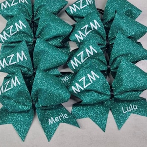 Könnte beinhalten: Ein Set aus sechs Haarbändern aus türkisfarbenem Glitzer mit weißen Buchstaben. Die Schleifen sind mit den Buchstaben "MZM" und den Namen "Merle", "Lulu" und "Na" personalisiert.
