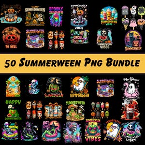 May include: A collection of 50 Summerween PNG graphics. The designs feature a mix of Halloween and summer themes, with images of pumpkins, skeletons, ghosts, and beach scenes. The color palette includes orange, black, and various bright colors.