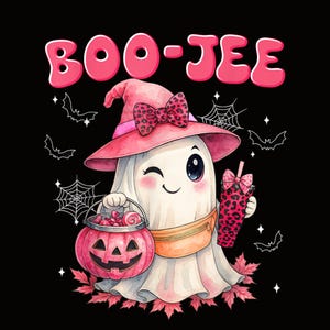 Op de afbeelding: Een grillige Halloween-illustratie met een knipogende geest die een roze heksenhoed met een luipaardprint strik draagt. De geest draagt een pompoenvormige snoepemmer en een drankje met luipaardprint. De tekst "BOO-JEE" staat in roze op een zwarte achtergrond.