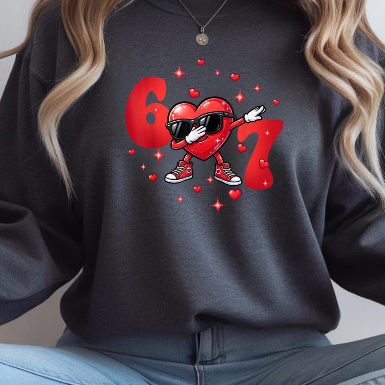 May include: Dark gray sweatshirt featuring a red heart character wearing sunglasses and sneakers, dabbing. The number "67" is in red, with small red hearts and sparkles around the design. A casual, fun design.