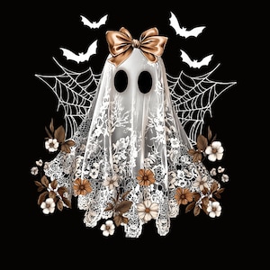 Op de afbeelding: Een Halloween-thema illustratie van een spook met een kanten sluier, versierd met een gouden strik en bloemaccenten. Witte vleermuizen en spinnenwebben staan op de achtergrond tegen een zwarte achtergrond. De geest heeft twee zwarte oog gaten.