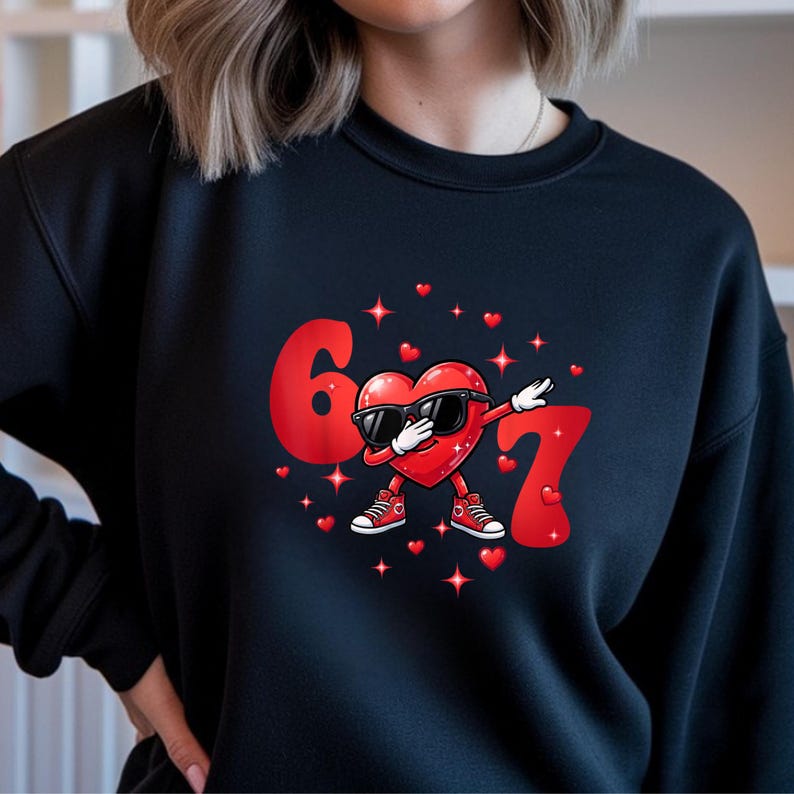 May include: Black sweatshirt featuring a red heart character wearing sunglasses and sneakers, dabbing between the numbers 6 and 7. Small red hearts and stars are scattered around the graphic. A fun, Valentine's Day themed design.