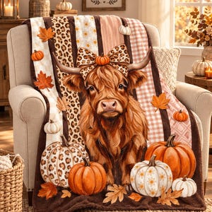 Highland Cow Fall Blanket, Leopard Print Pumpkin Throw, Cozy Autumn Decor, Western Farmhouse Throw Blanket, Rustic Thanksgiving Gift