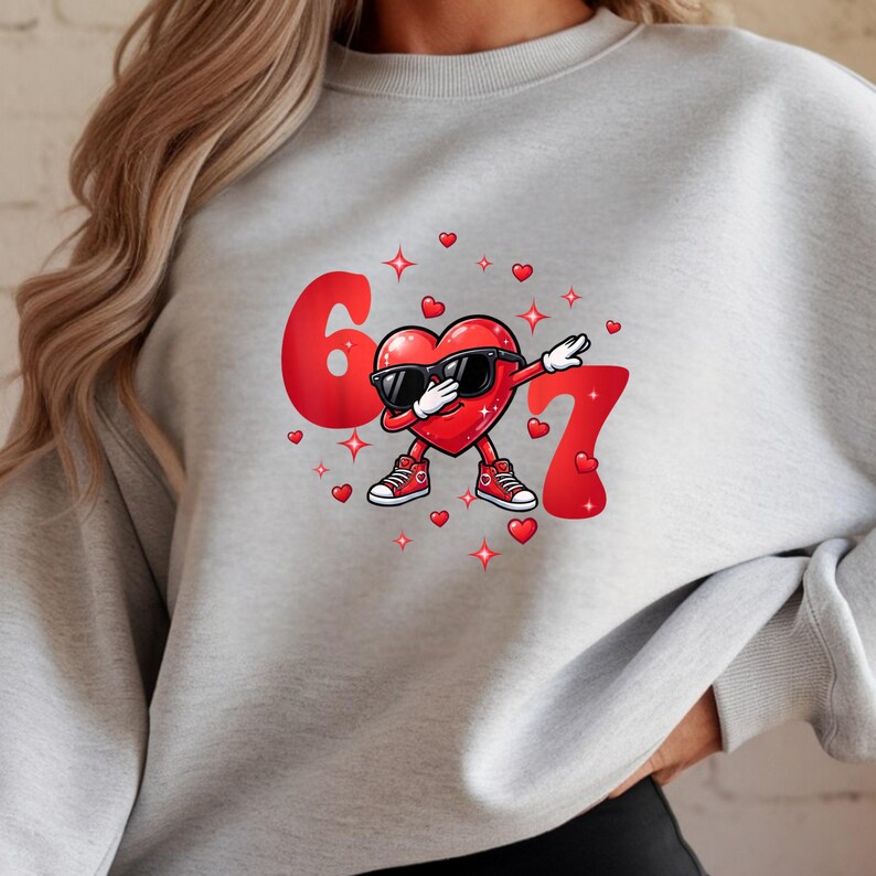 May include: A light gray sweatshirt featuring a red heart character wearing sunglasses and sneakers, dabbing between the numbers 6 and 7. Small red hearts and stars surround the heart character. The sweatshirt is made of a soft material.