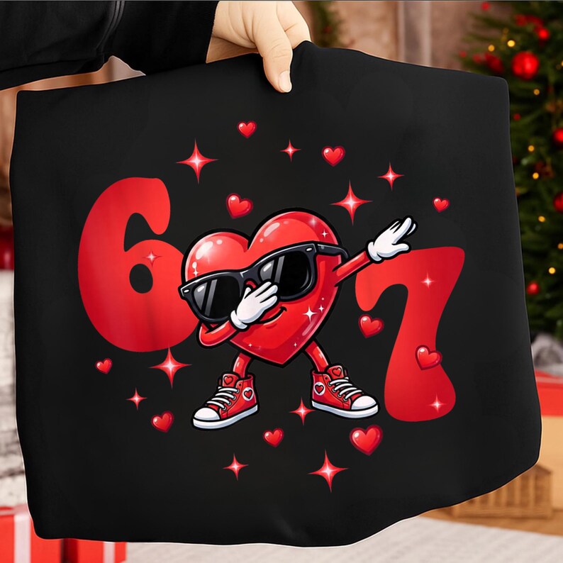 May include: Black graphic tee featuring a red heart character wearing sunglasses and sneakers, dabbing. The number 6 and 7 are in red, along with red hearts and stars. The design is on a black background.