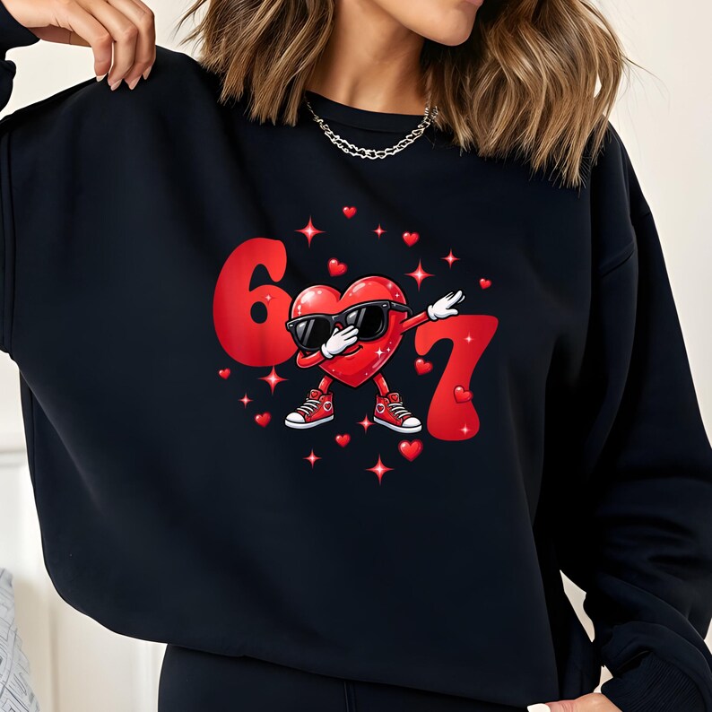 May include: Black sweatshirt with a red heart graphic wearing sunglasses and doing a dab pose. The number "6" and "7" are in red on either side of the heart. Small red hearts and stars are scattered around the graphic.