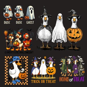 Könnte beinhalten: Eine Sammlung von Halloween-Illustrationen mit Enten in Kostümen. Die Designs zeigen Enten als Geister, Hexen und mit Kürbislaternen. Texte: "Duck", "Ghost", "Quacktastic Halloween!!", "Trick or Treat" und "Honk or Treat".