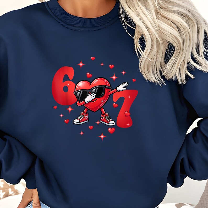 May include: Navy blue sweatshirt featuring a red heart character wearing sunglasses and sneakers, dabbing. The number 6 and 7 are in red. Small red hearts and stars are scattered around the design. A fun and playful design.