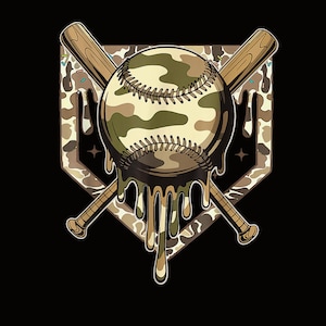 May include: A baseball-themed graphic featuring a camouflage baseball with a brown, melted effect. Two crossed wooden baseball bats are behind the baseball. The background is a home plate shape with a camouflage pattern.