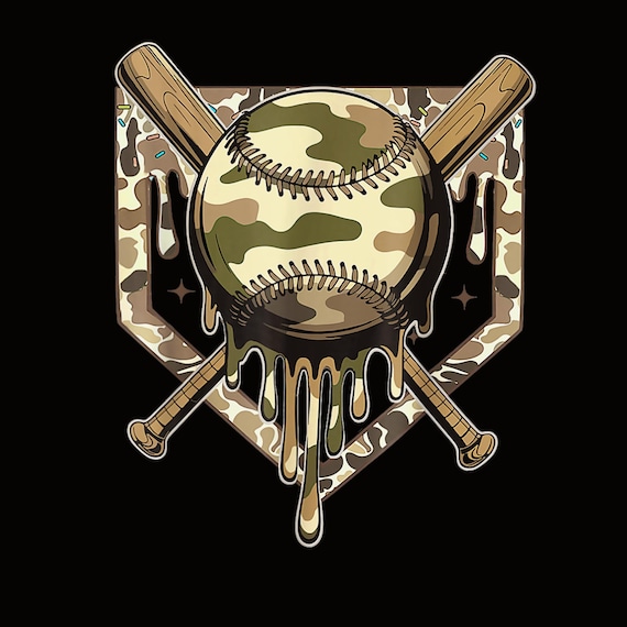 Camo Baseball SVG PNG, Dripping Baseball Clipart, Military Camouflage Sports Design for Sublimation, Shirts, Tumblers, Digital Download