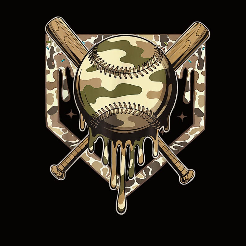 May include: A baseball-themed graphic featuring a camouflage baseball with a brown, melted effect. Two crossed wooden baseball bats are behind the baseball. The background is a home plate shape with a camouflage pattern.
