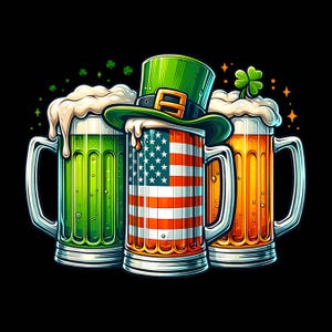Op de afbeelding: Drie bierglazen met groene, rode, witte en blauwe ontwerpen. De glazen zijn in een rij gerangschikt, met het groene glas links, het rood-wit-blauwe glas in het midden en het gele glas rechts. De glazen zijn allemaal gevuld met bier.