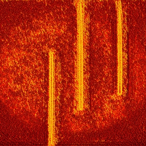 Puede incluir: Arte digital abstracto con una paleta de colores ardientes. La imagen presenta un fondo texturizado, rojo-naranja con tres rayas verticales, amarillo-naranja brillante. Las rayas tienen una apariencia texturizada y tejida, creando una sensación de profundidad y movimiento.