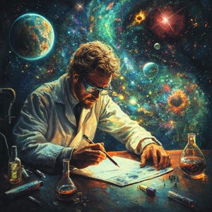May include: A man in a white lab coat sits at a desk, writing on a piece of paper. He is surrounded by a colorful, swirling galaxy with stars and planets.