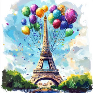 May include: A colorful painting of the Eiffel Tower in Paris, France. The tower is surrounded by a cluster of brightly colored balloons, with confetti falling from the sky.