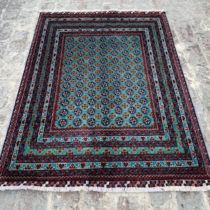 3x5 Turquoise Hoja Roshna, Handmade oriental rug, Bohemian rug, Traditional wool carpet, Afghan Rug, Living Room Rug, High-Quality Wool Rug,