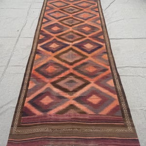 4x12 Ft 1980s Afghan Kilim Runner Rug – Vintage Handmade Wool Rug – Antique Geometric Flatweave Carpet – Rustic Rust & Orange Hallway Runner