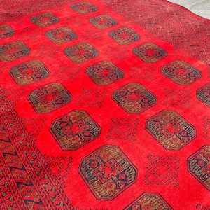 7x10 Deep Red Antique Afghan Rug | Handmade Turkmen Bukhara Area Rug | Oriental Wool Carpet | One Of A kind Rug | Vintage Living room Rug