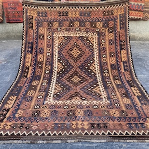 7x10 Vintage Bluish Kilim Rug | Hand-Knotted Flat Weave Wool Carpet | 200x300 cm Boho Decor Carpet| Living Room, Bedroom, Office Area Rug