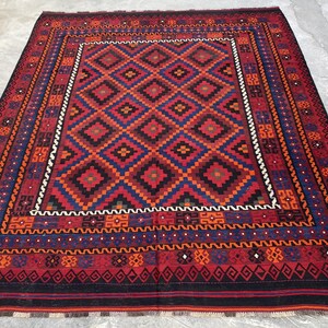 8x11 Vintage Geometric Afghan Kilim Rug – Handwoven Wool Tribal Flat-weave Carpet, Oversized Home Decor image 3