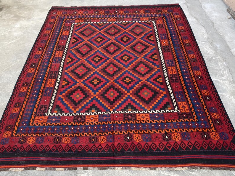 8x11 Vintage Geometric Afghan Kilim Rug – Handwoven Wool Tribal Flat-weave Carpet, Oversized Home Decor image 3