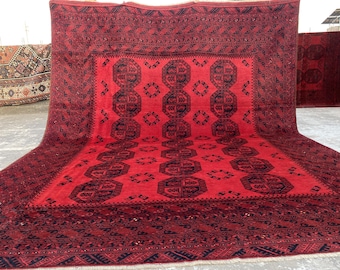 9x12 Large Afghan Turkmen Rug – Vintage Wool Tribal Carpet, Oversized Living Room Decor