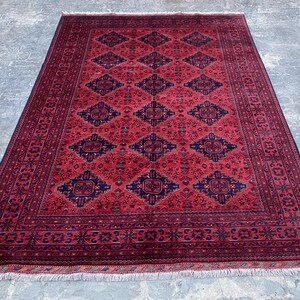 7x10 Handmade Turkmen Tribal Bukhara Rug - Premium Afghan Wool Rug, Turkish Design, Navy Blue & Red, Large Oriental Rug, Floral, Living Room