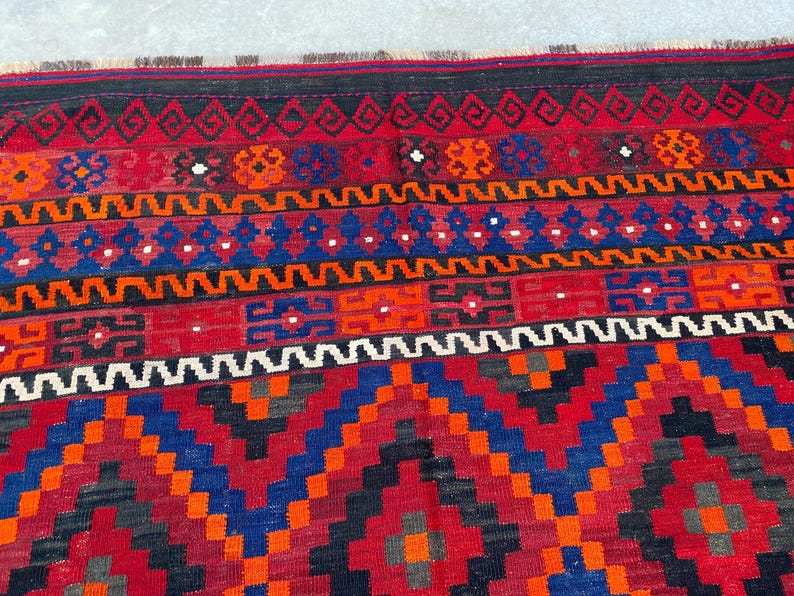 8x11 Vintage Geometric Afghan Kilim Rug – Handwoven Wool Tribal Flat-weave Carpet, Oversized Home Decor image 7