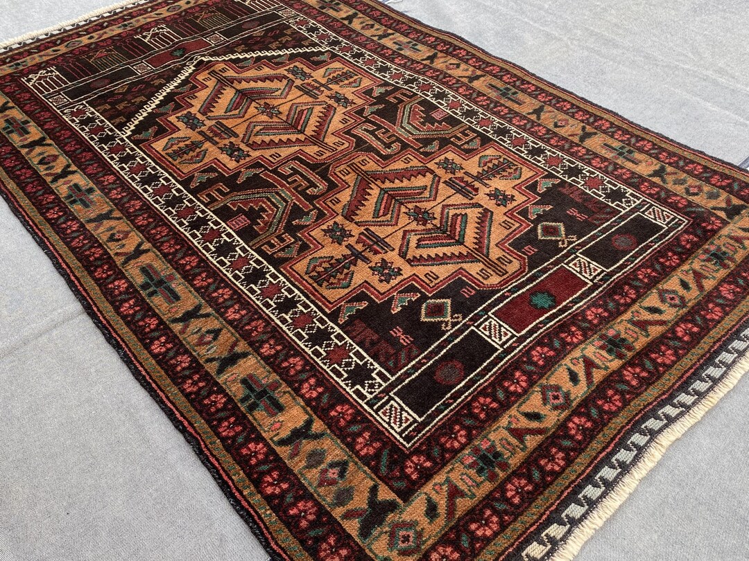 Challah Rugs Brown Afghan Baloch Prayer Rug - 3x4 Vintage Handmade Tribal Woolen ...